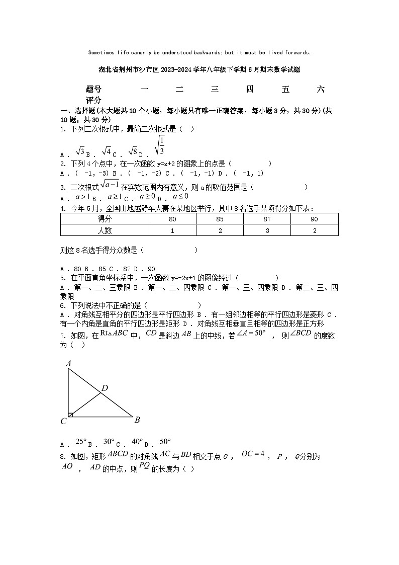 [数学][期末]湖北省荆州市沙市区2023-2024学年八年级下学期6月期末数学试题01