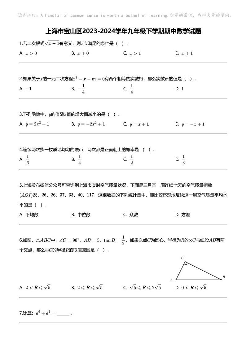 [数学][期中]上海市宝山区2023-2024学年九年级下学期期中数学试题第1页