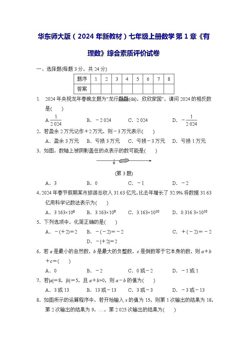 华东师大版（2024年新教材）七年级上册数学第1章《有理数》综合素质评价试卷（含答案）第1页