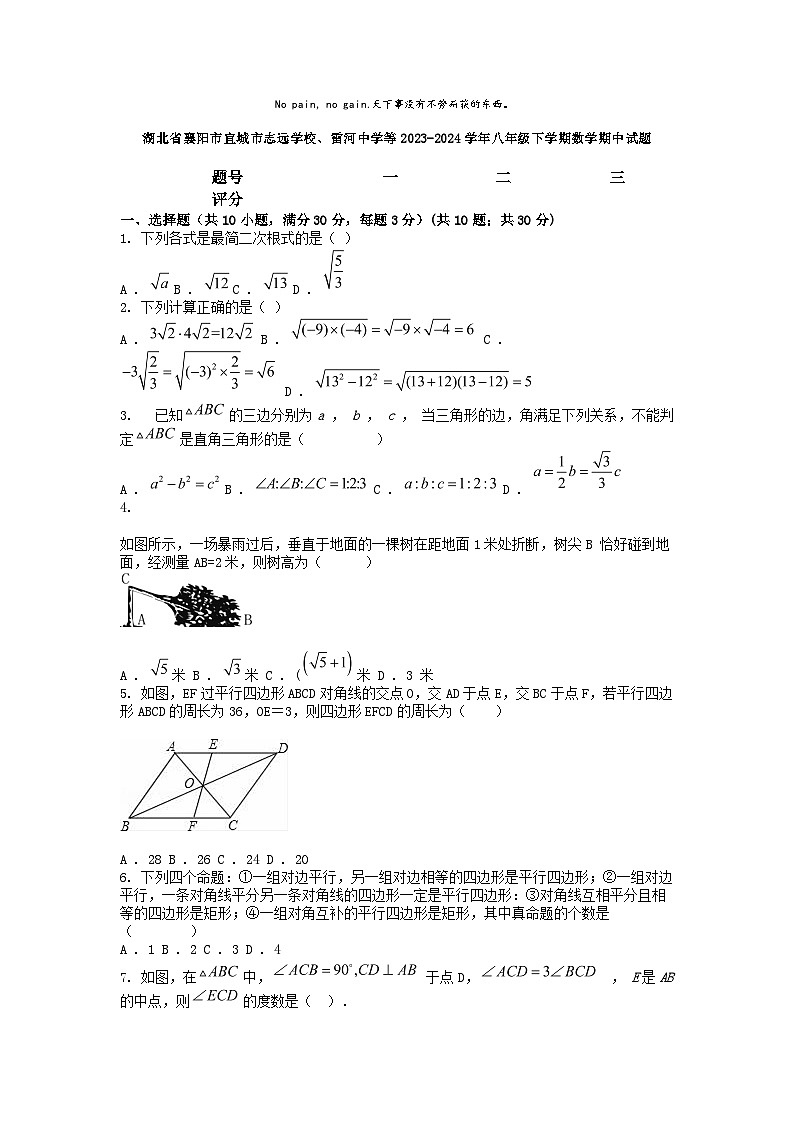 [数学][期中]湖北省襄阳市宜城市志远学校、雷河中学等2023-2024学年八年级下学期数学期中试题第1页