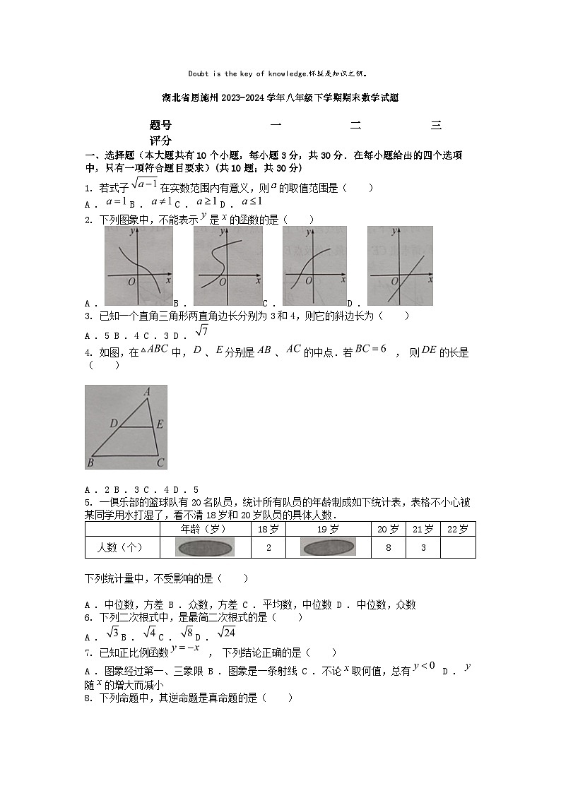 [数学][期末]湖北省恩施州2023-2024学年八年级下学期期末数学试题01