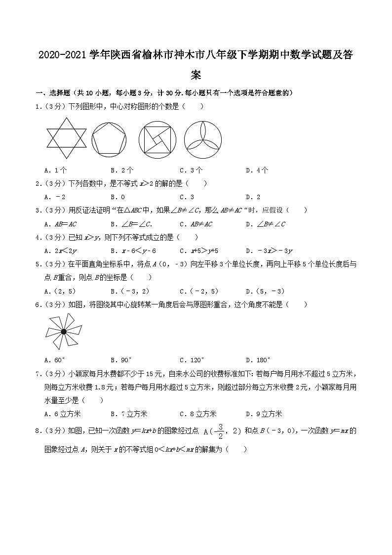 2020-2021学年陕西省榆林市神木市八年级下学期期中数学试题及答案01