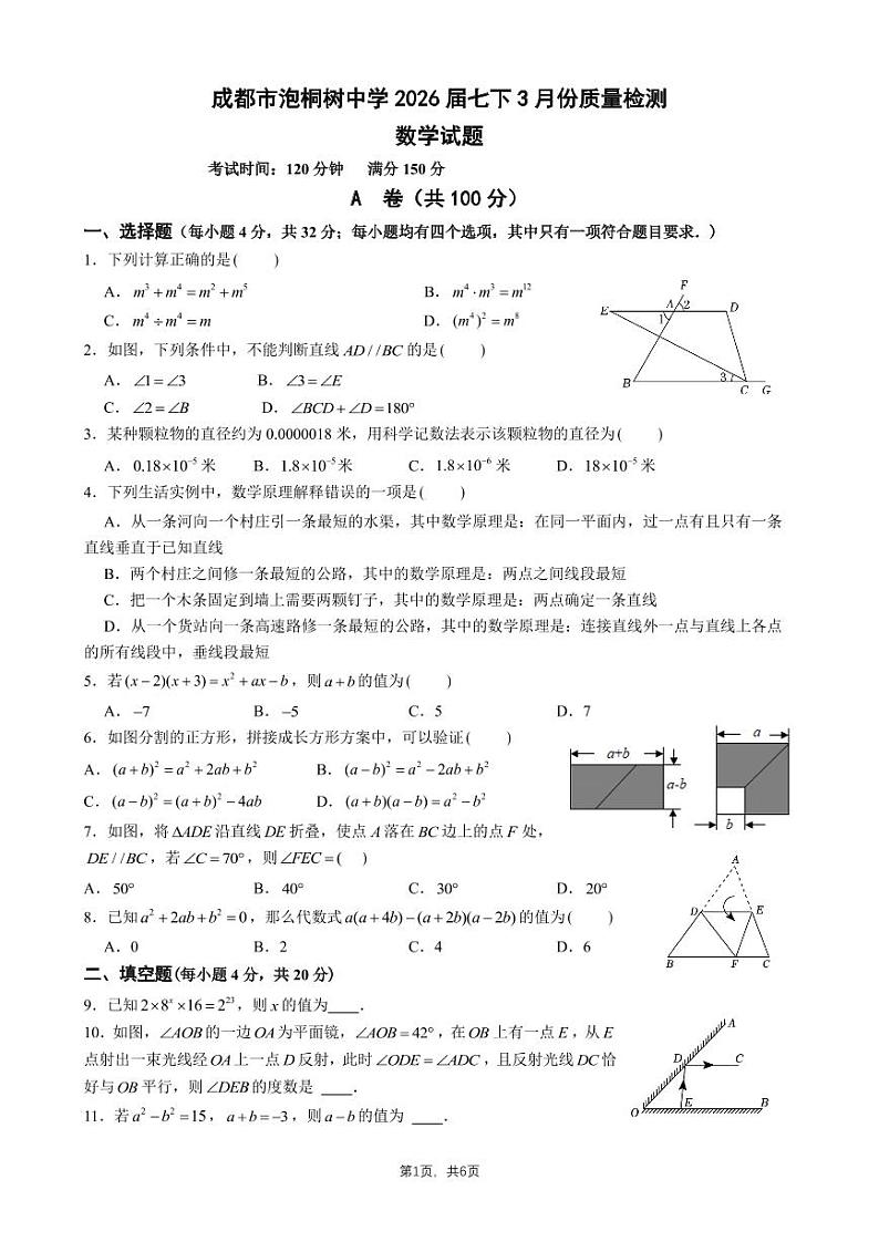 四川省成都市泡桐树中学2023-2024学年七年级下学期3月月考数学试题第1页