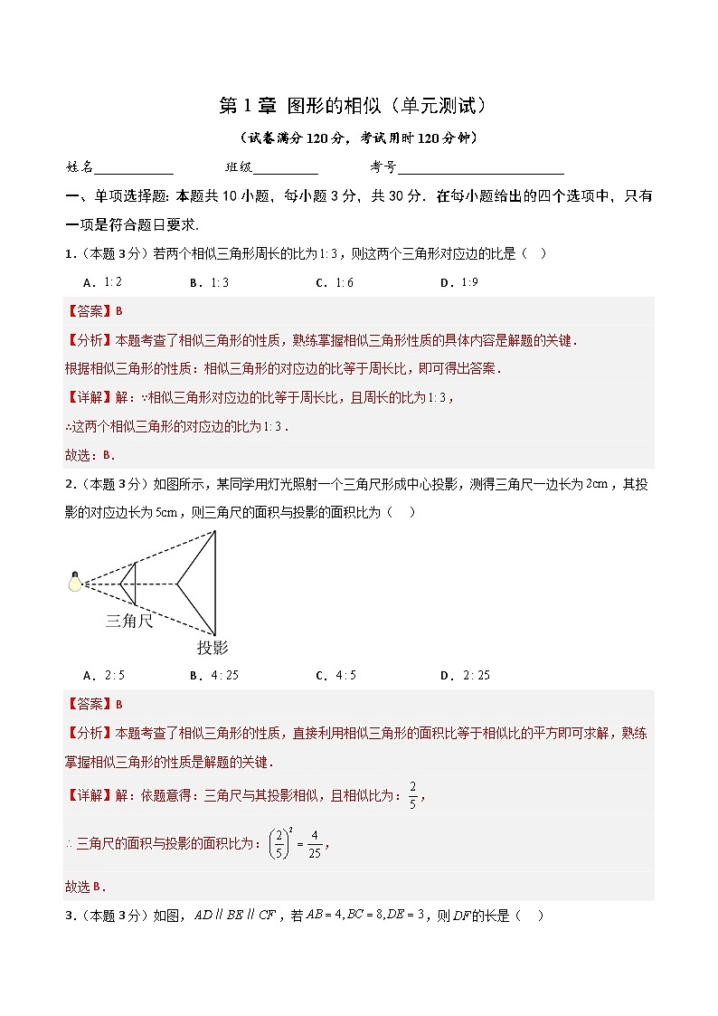 第1章 图形的相似（单元测试）-2024-2025学年9上数学同步课堂（青岛版）01