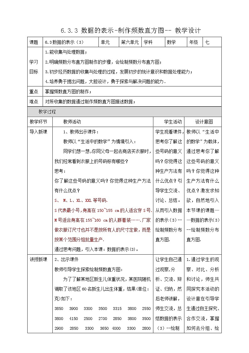 北师大版数学七年级上册 6.3.3 数据的表示-制作频数直方图 课件+教学设计+导学案+同步练习01