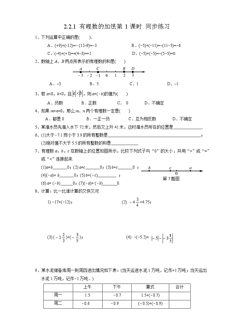 北师大版数学七年级上册 2.2.1 有理数的加法第1课时 课件+教学设计+导学案+同步练习01