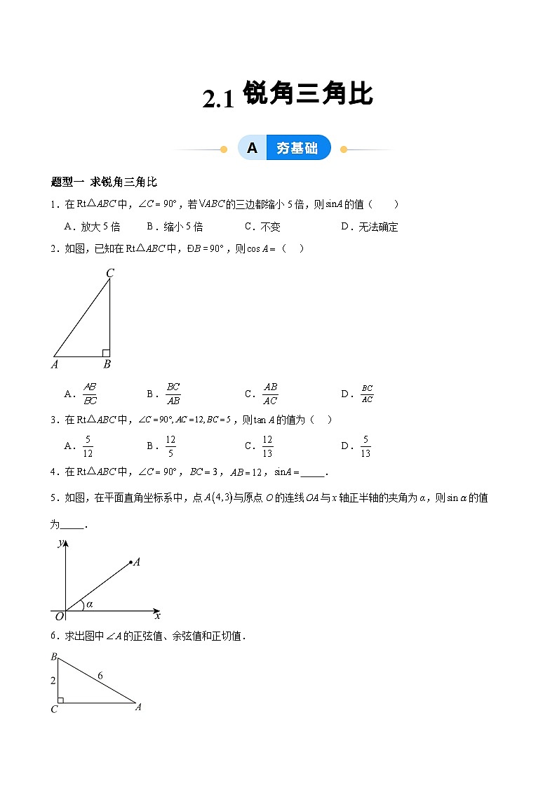 2.1 锐角三角比（分层作业）-2024-2025学年9上数学同步课堂（青岛版）01