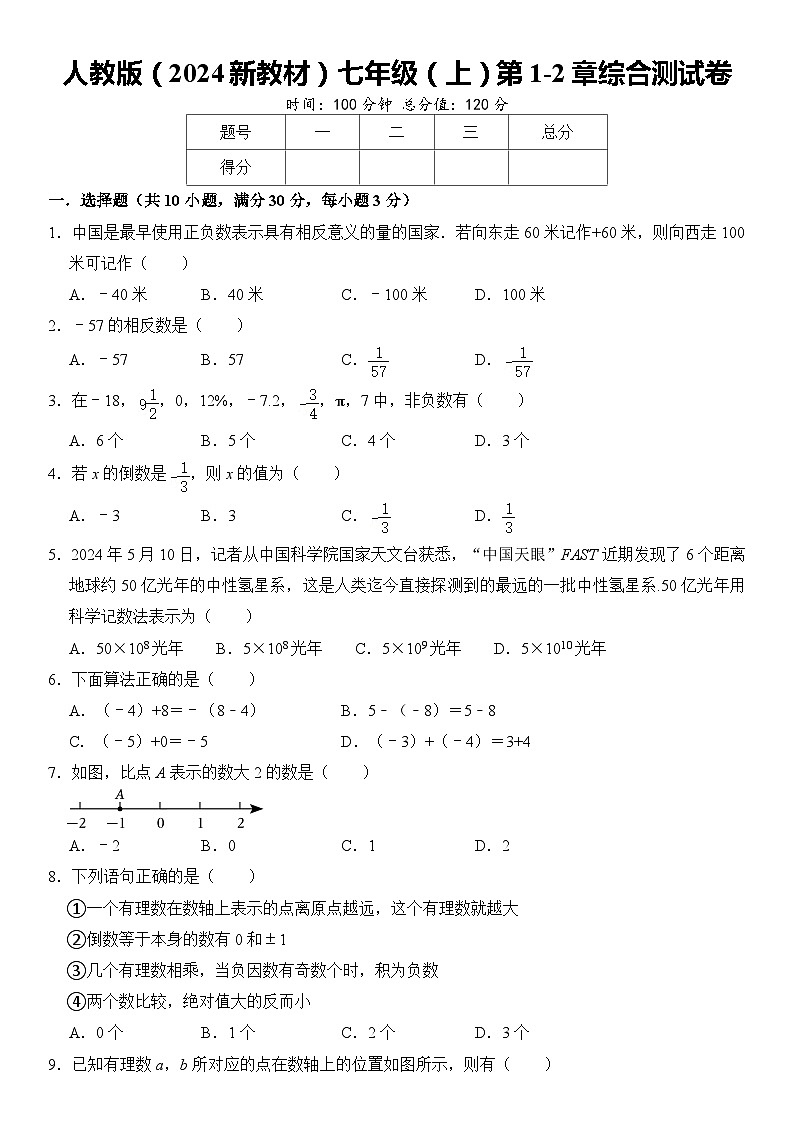 人教版（2024新教材）七年级数学（上）第1-2章综合测试卷  含答案01