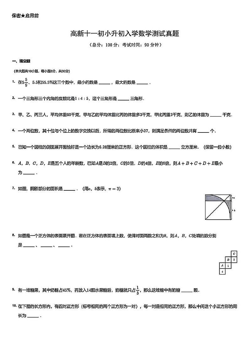 陕西省西安市高新区第十一初级中学2023-2024学年七年级上学期入学分班考试数学试题01