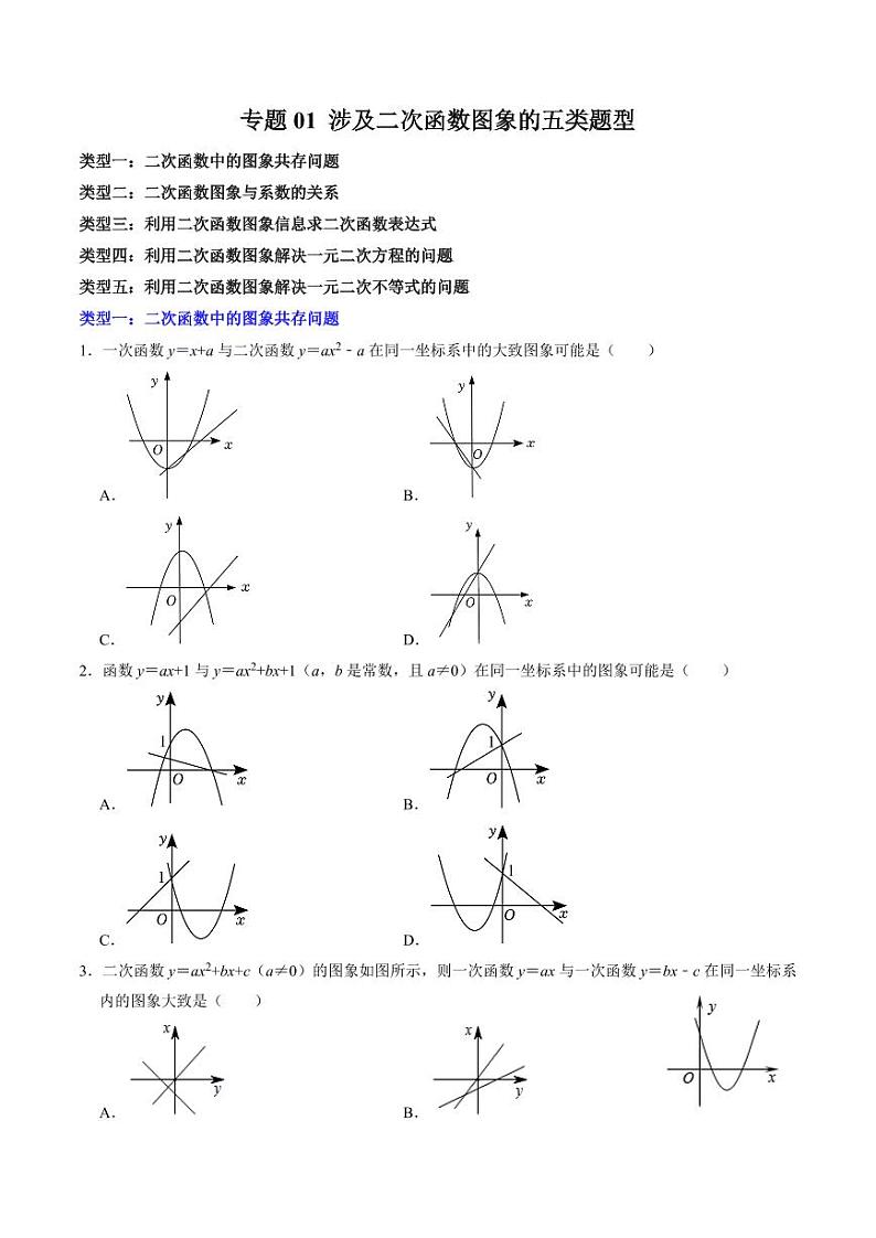 专题01 涉及二次函数的图象的五种类型（学生版） 2024-2025学年九年级数学上册同步学与练（人教版）第1页