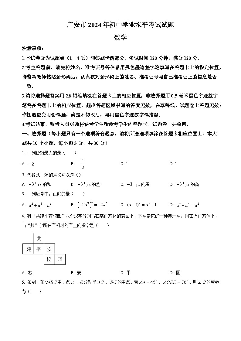 2024年四川省广安市中考数学真题试卷及答案解析01