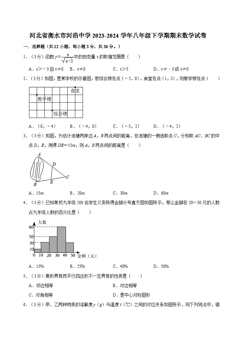 河北省衡水市河沿中学2023-2024学年八年级下学期期末数学试卷（含详解）01