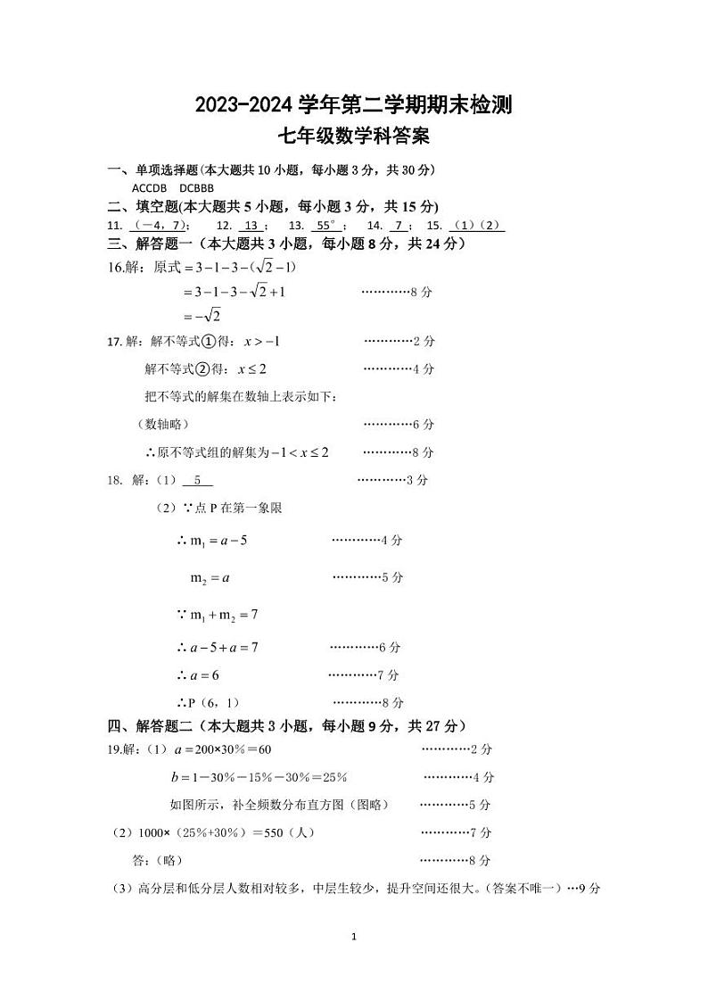 2023-2024学年第二学期期末－七年级数学科参考答案－第1页
