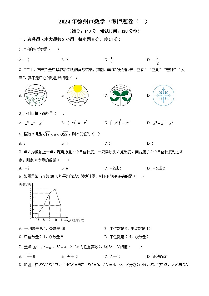 2024年江苏省徐州市数学中考真题押题卷(一) （原卷版+解析版）01