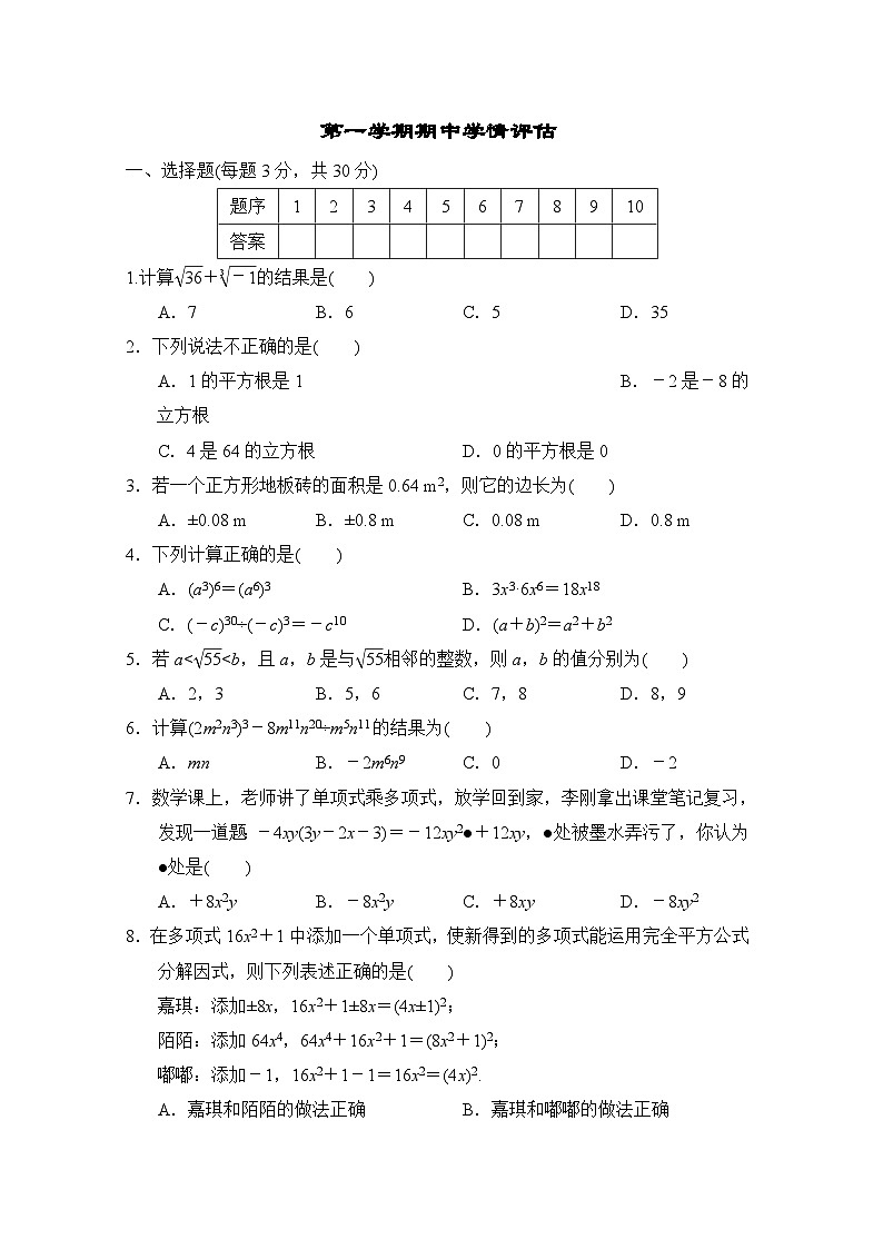 华师版数学八上 第一学期期中学情评估试卷01