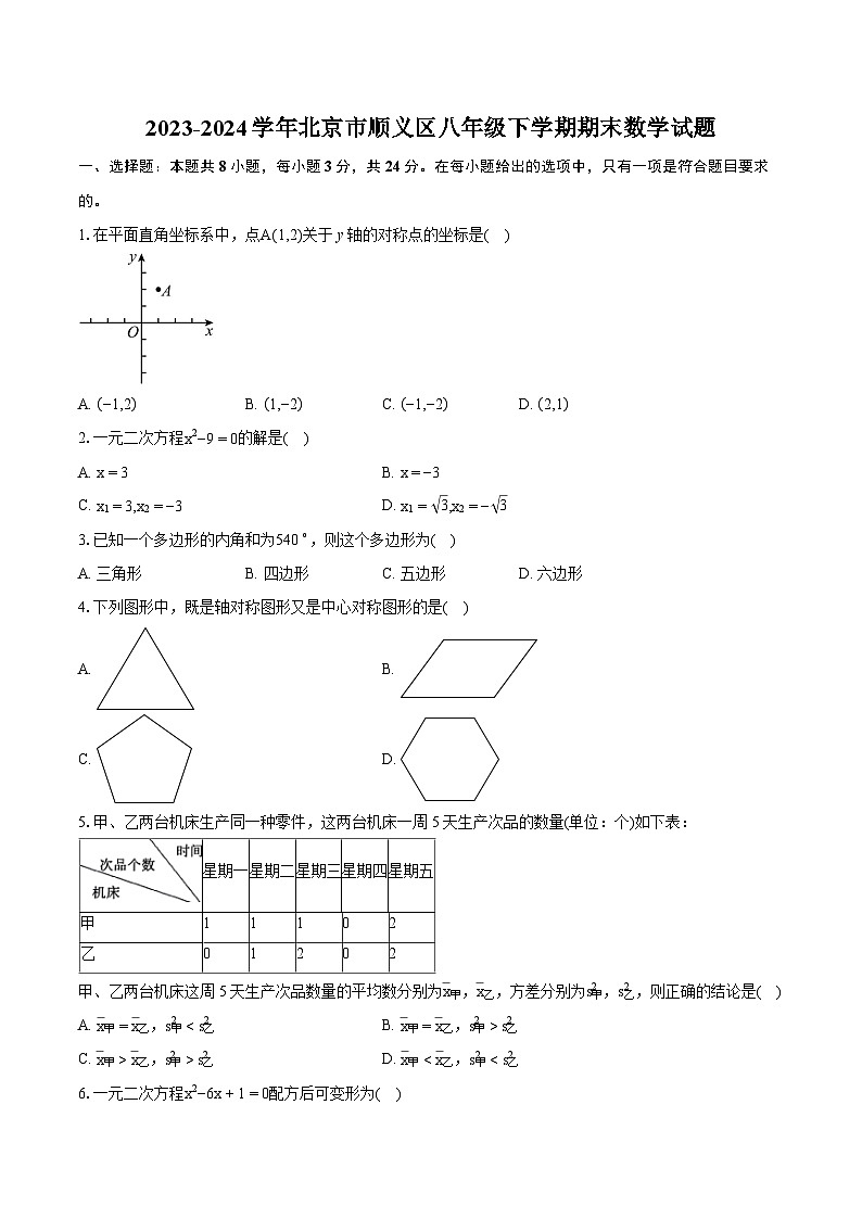 2023-2024学年北京市顺义区八年级下学期期末数学试题（含详细答案解析）01