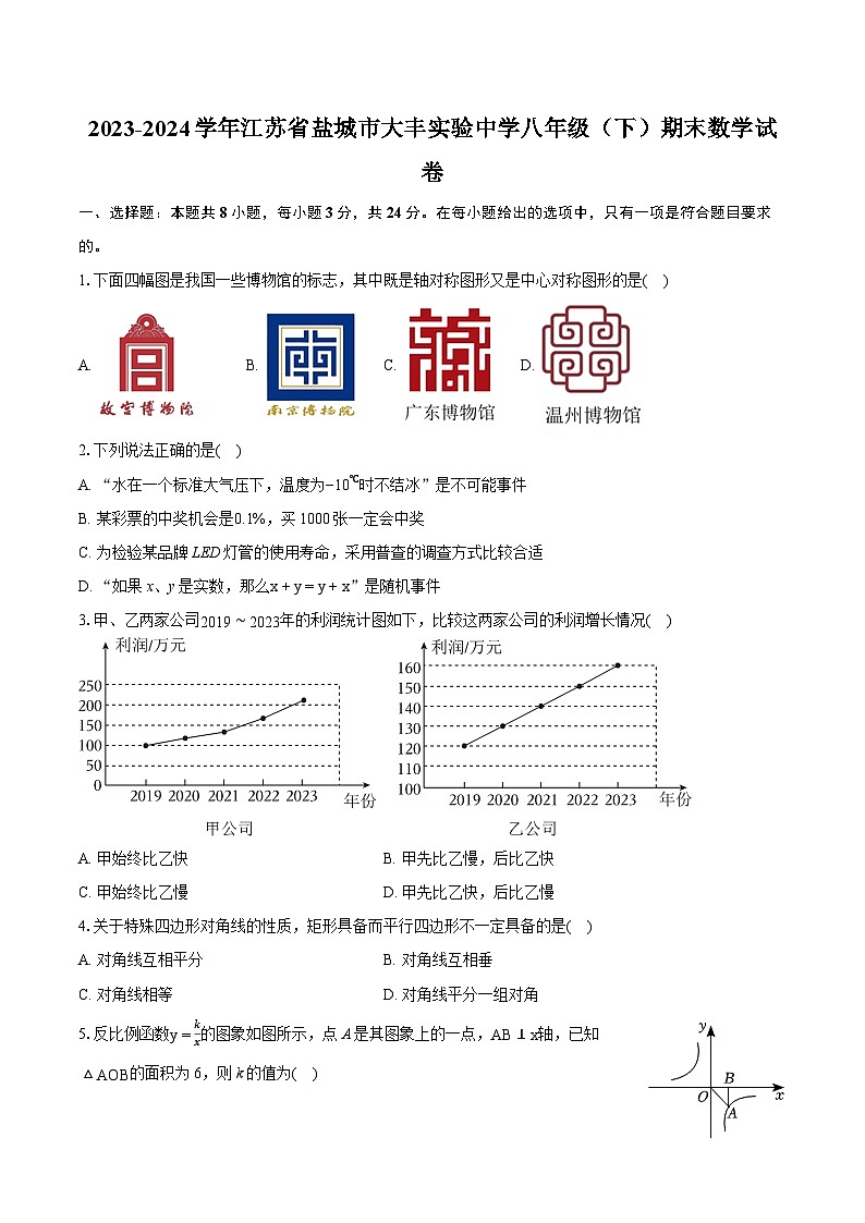 2023-2024学年江苏省盐城市大丰实验中学八年级（下）期末数学试卷（含详细答案解析）第1页