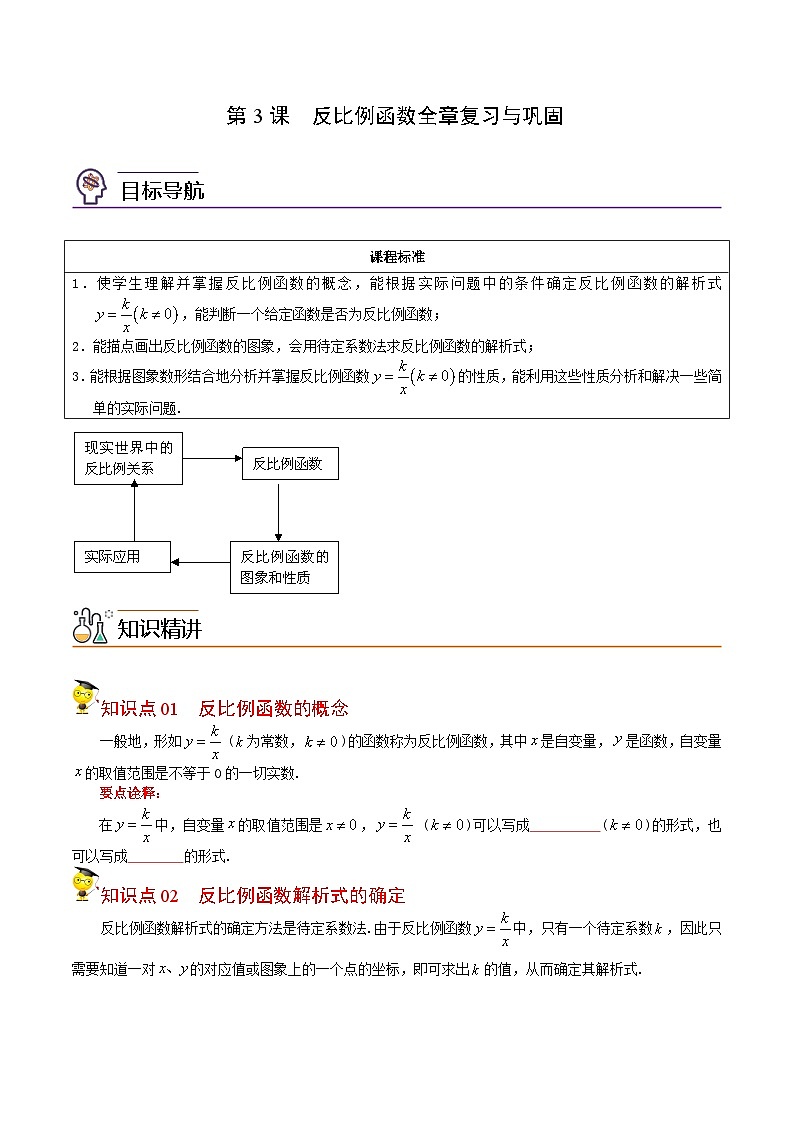人教版九年级数学下册同步讲义专题第3课  反比例函数全章复习与巩固（学生版）第1页