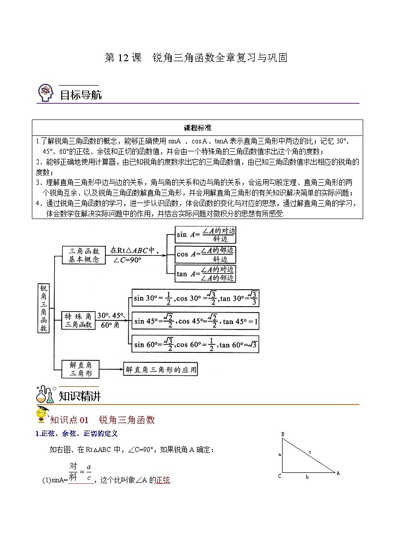 人教版九年级数学下册同步讲义专题第12课  锐角三角函数全章复习与巩固（教师版）第1页