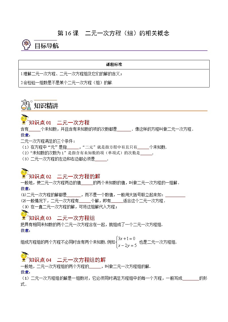 人教版七年级数学下册同步精品讲义专题第16课  二元一次方程（组）的相关概念（学生版）第1页