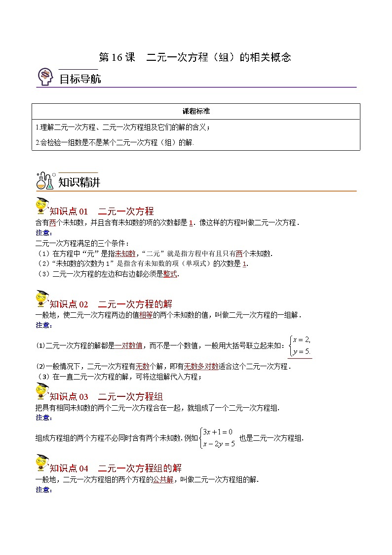 人教版七年级数学下册同步精品讲义专题第16课  二元一次方程（组）的相关概念（教师版）第1页