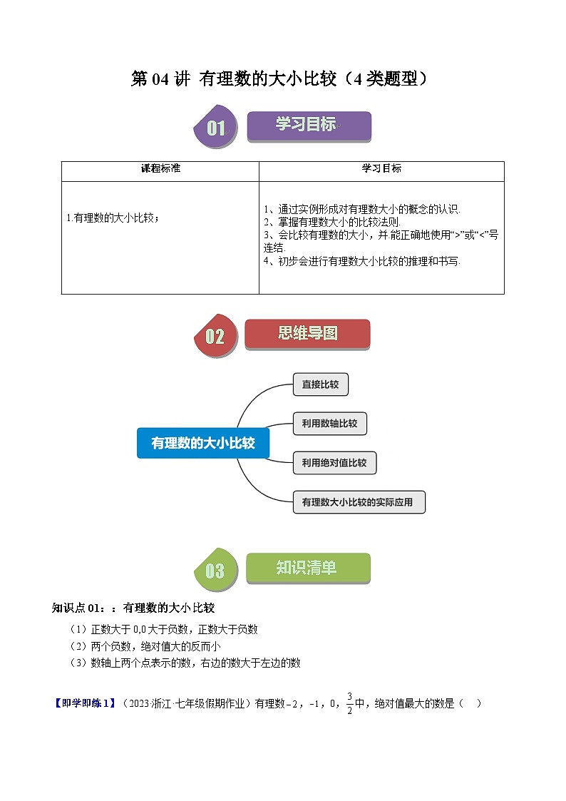 第04讲 有理数的大小比较（4类题型）-【学与练】2023-2024学年七年级数学上册同步学与练（浙教版）01