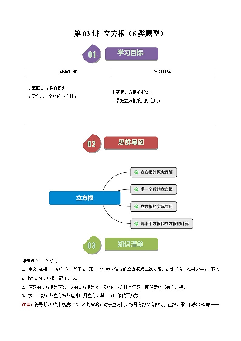 第03讲 立方根（6类题型）-【学与练】2023-2024学年七年级数学上册同步学与练（浙教版）01