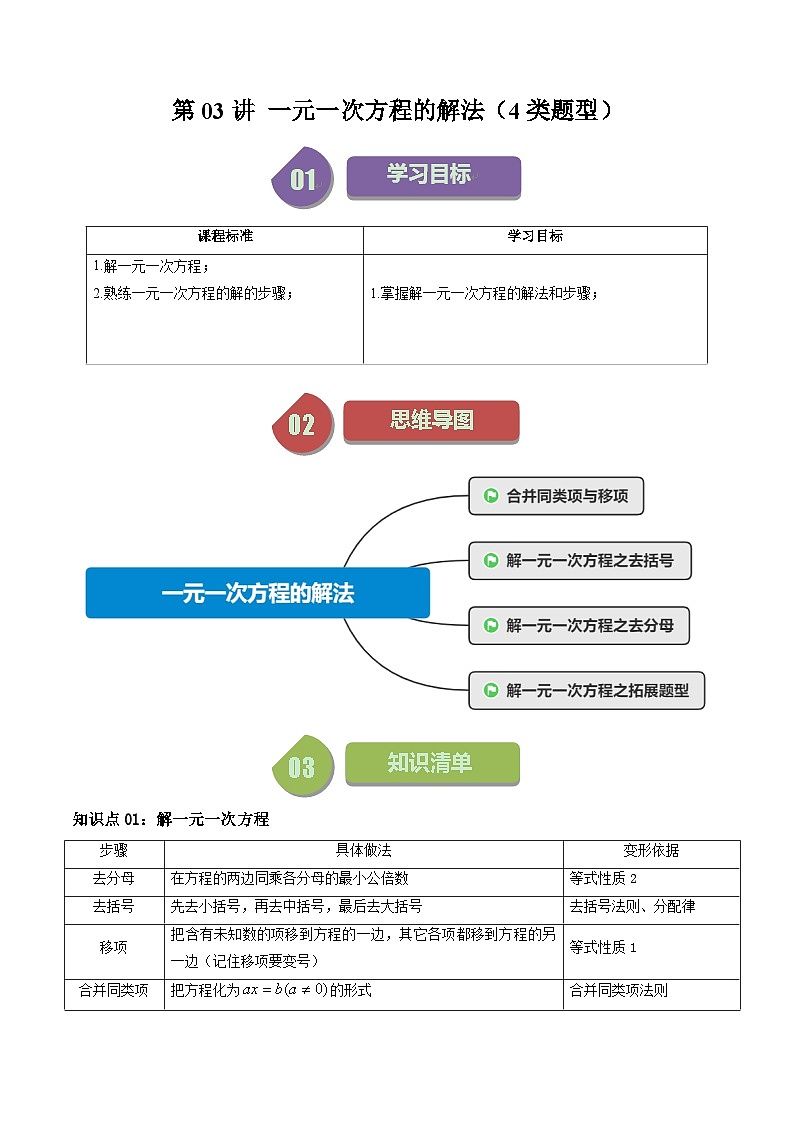 第03讲 一元一次方程的解法（4类题型）-【学与练】2023-2024学年七年级数学上册同步学与练（浙教版）01