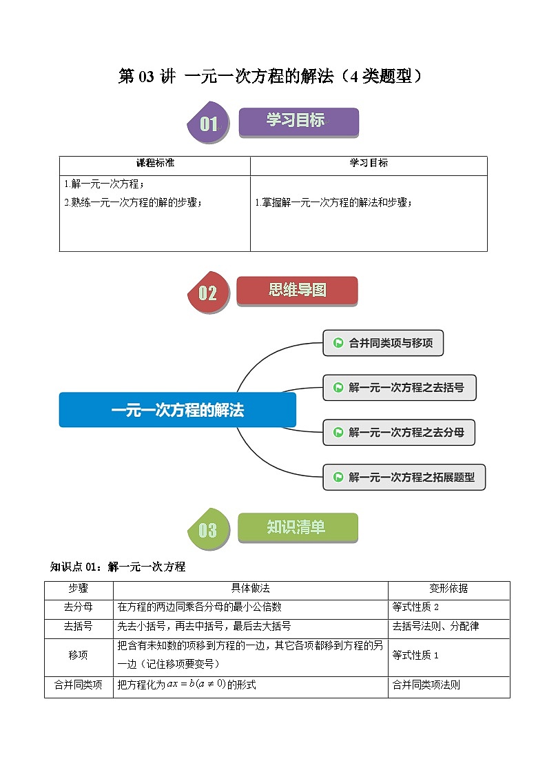 第03讲 一元一次方程的解法（4类题型）-【学与练】2023-2024学年七年级数学上册同步学与练（浙教版）01
