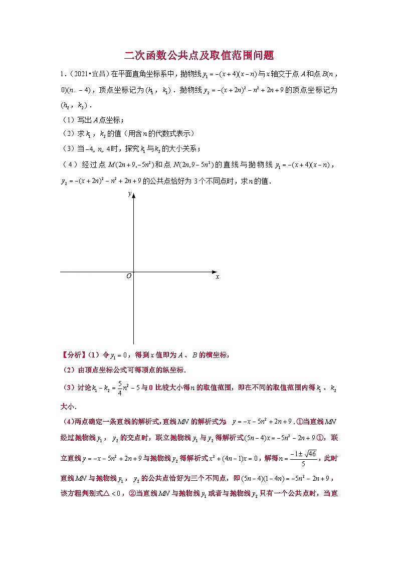 初中数学中考复习专题满分秘籍讲义练习二次函数公共点及取值范围问题第1页