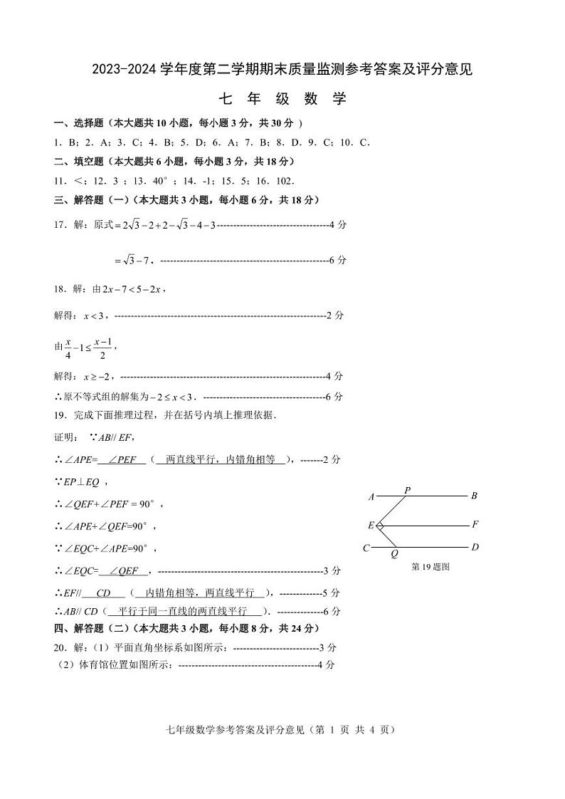 广东省汕头市澄海区2023-2024学年七年级下学期期末考试数学答案第1页