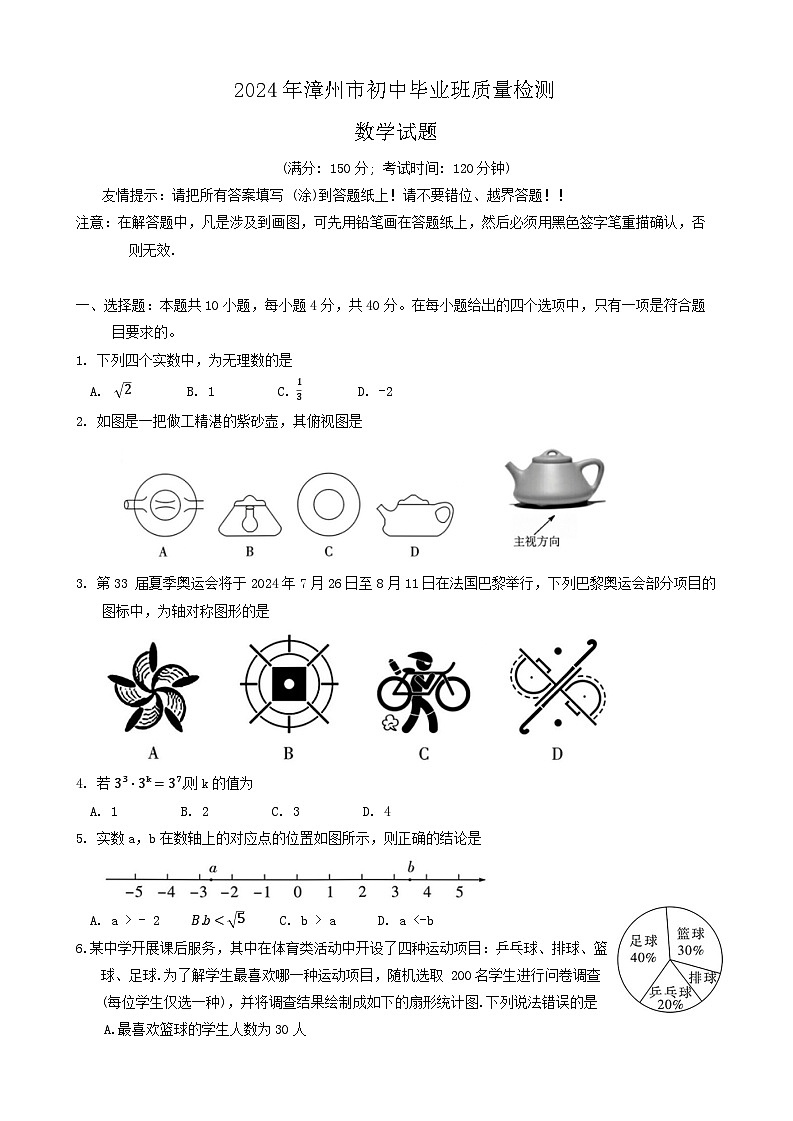 2024年福建省漳州市中考二模数学试题01