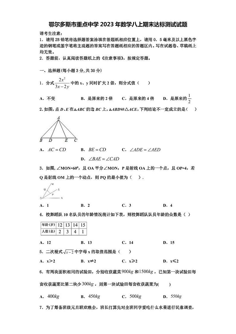 鄂尔多斯市重点中学2023年数学八上期末达标测试试题【含解析】第1页