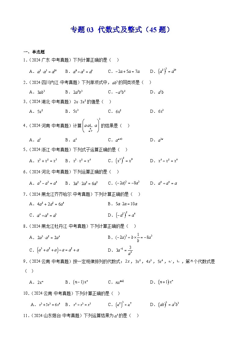 专题03 代数式及整式（45题）（教师卷+学生卷）- 2024年中考数学真题分类汇编（全国通用）01