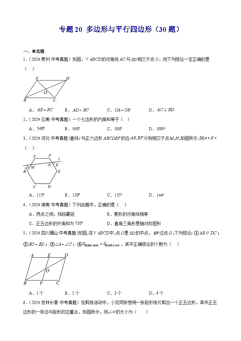 专题20 多边形与平行四边形（30题）（教师卷+学生卷）- 2024年中考数学真题分类汇编（全国通用）01