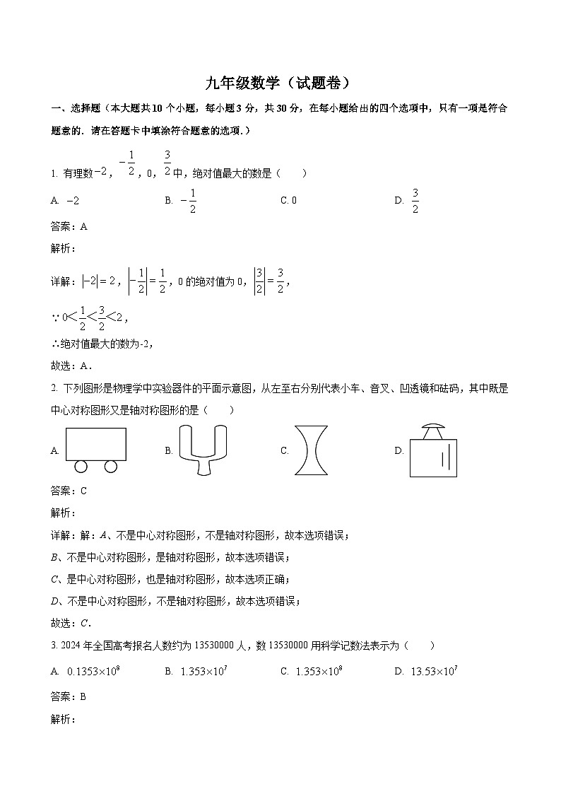 湖南省永州市祁阳市2024届九年级下学期中考一模数学试卷(含解析)01