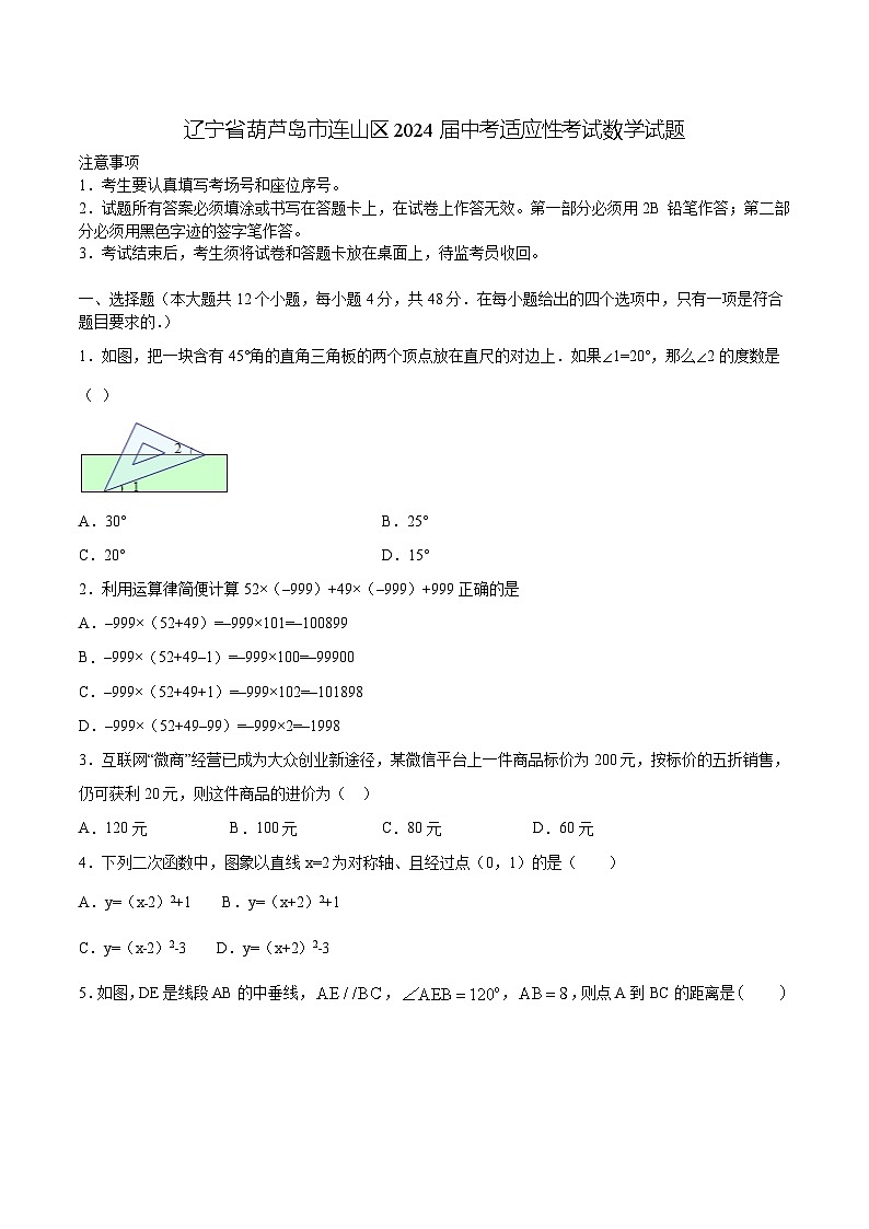辽宁省葫芦岛市连山区2024届九年级下学期中考适应性考试数学试卷(含解析)01