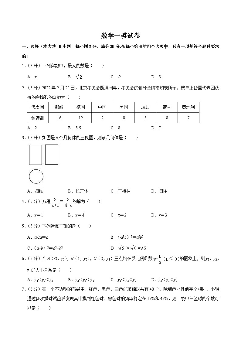 广州外国语学校2023届九年级下学期中考一模数学试卷(含解析)01