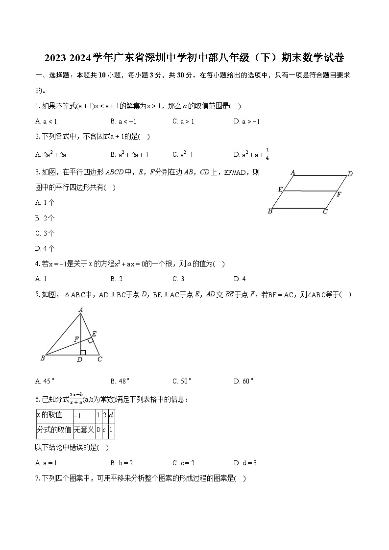 2023-2024学年广东省深圳中学初中部八年级（下）期末数学试卷（含详细答案解析）01