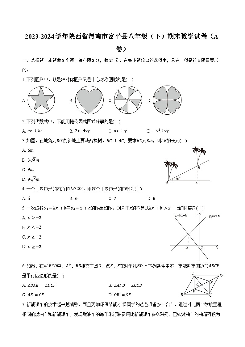 2023-2024学年陕西省渭南市富平县八年级（下）期末数学试卷（A卷）（含答案）01