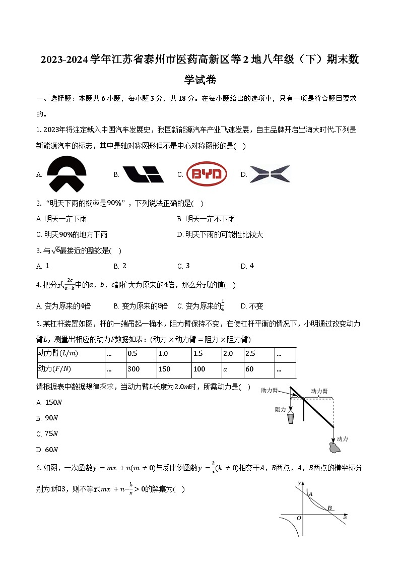 2023-2024学年江苏省泰州市医药高新区等2地八年级（下）期末数学试卷（含答案）01