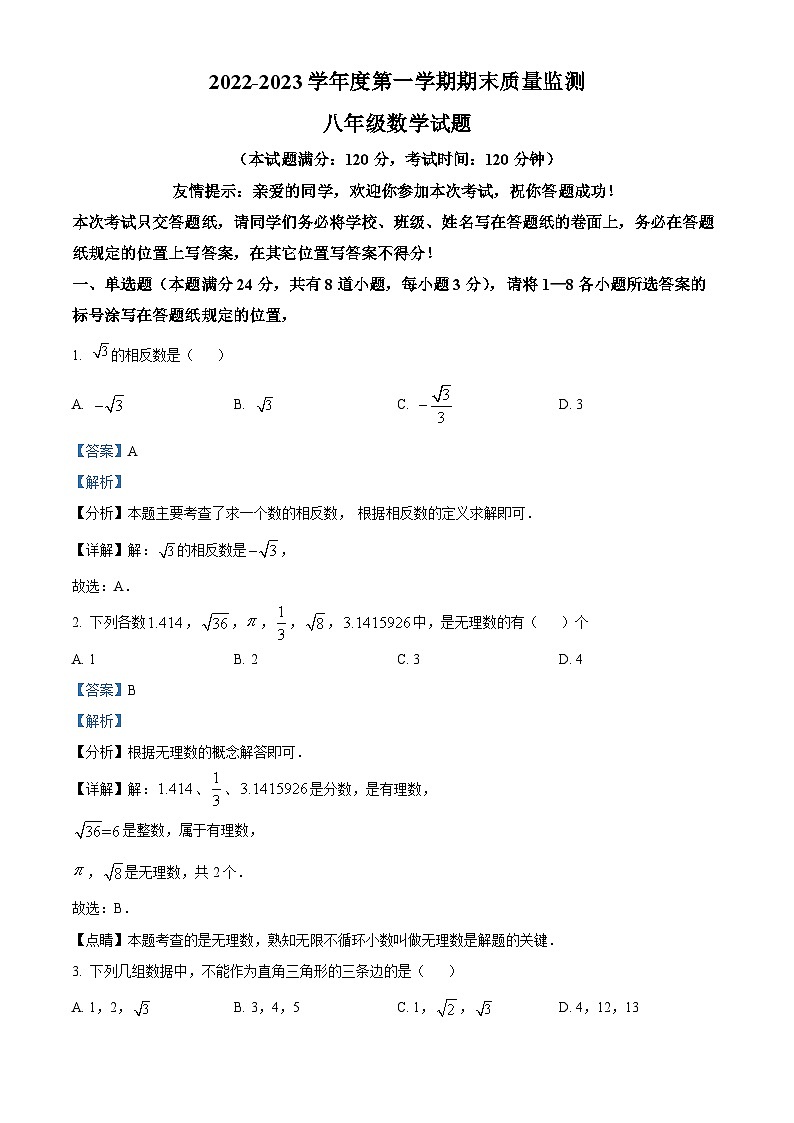 山东省青岛市城阳区2022-2023学年八年级上学期期末数学试题（解析版）01