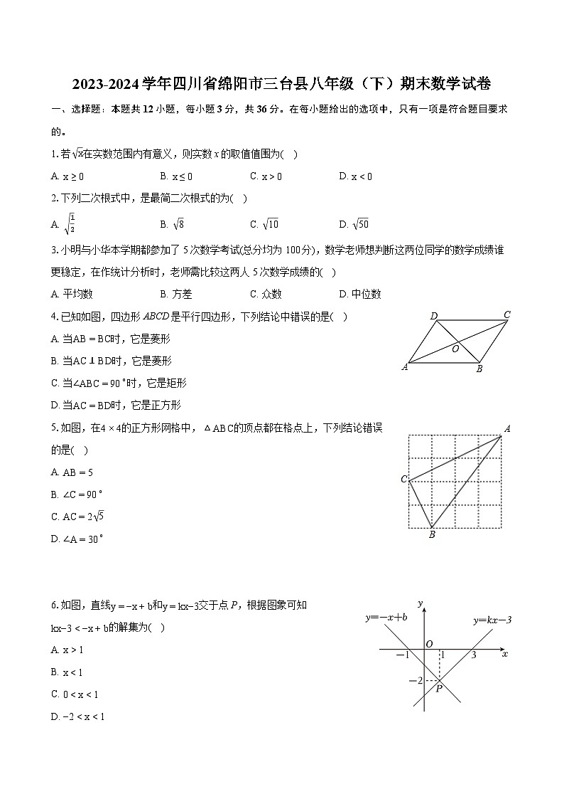2023-2024学年四川省绵阳市三台县八年级（下）期末数学试卷（含详细答案解析）01