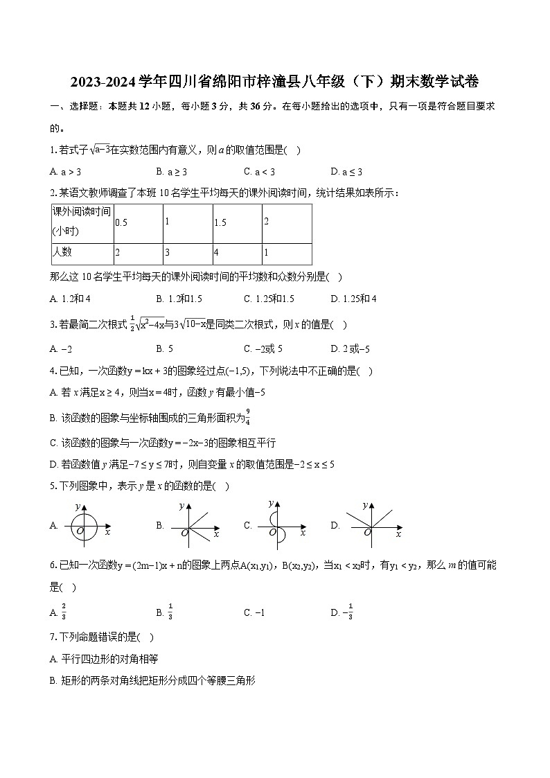 2023-2024学年四川省绵阳市梓潼县八年级（下）期末数学试卷（含详细答案解析）01