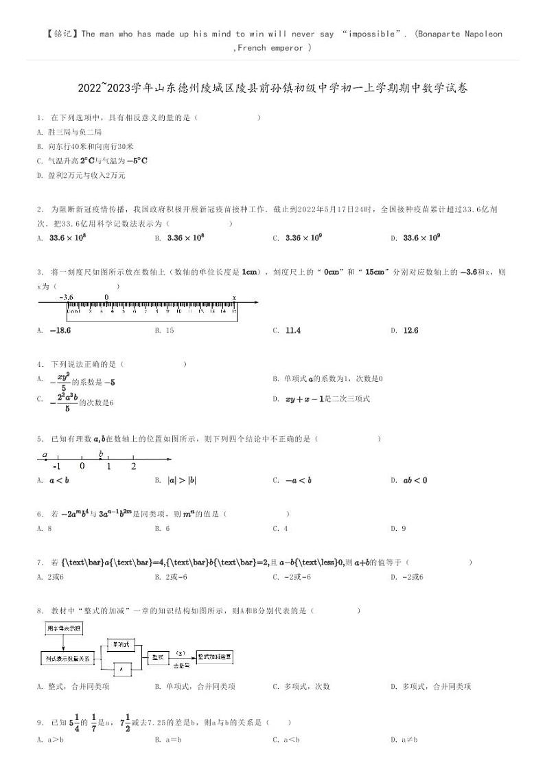 2022_2023学年山东德州陵城区陵县前孙镇初级中学初一上学期期中数学试卷原题版第1页