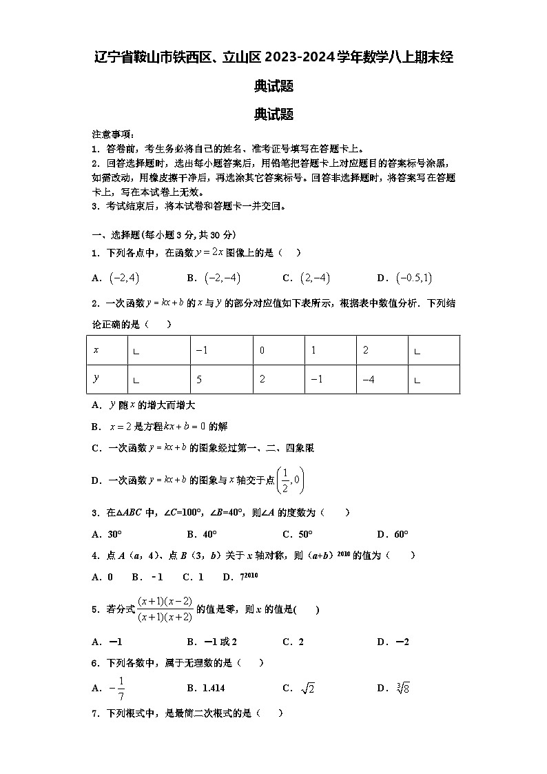 辽宁省鞍山市铁西区、立山区2023-2024学年数学八上期末经典试题【含解析】第1页
