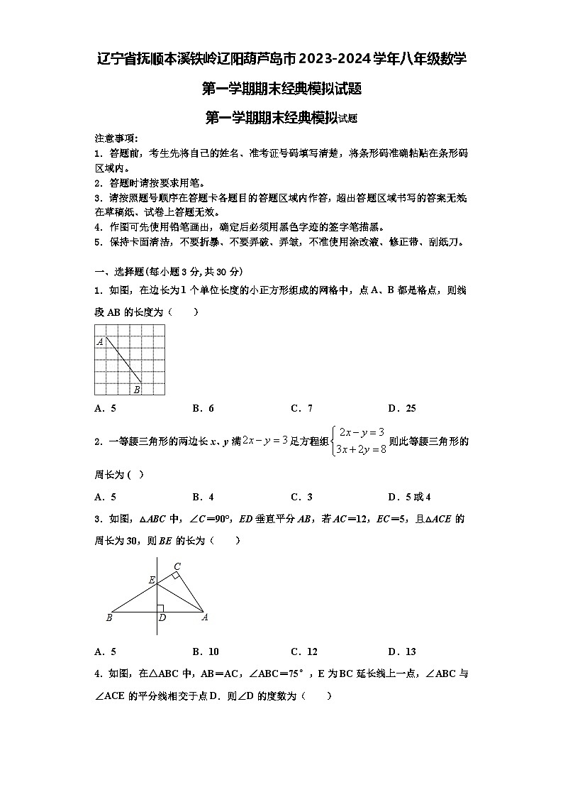 辽宁省抚顺本溪铁岭辽阳葫芦岛市2023-2024学年八年级数学第一学期期末经典模拟试题【含解析】01