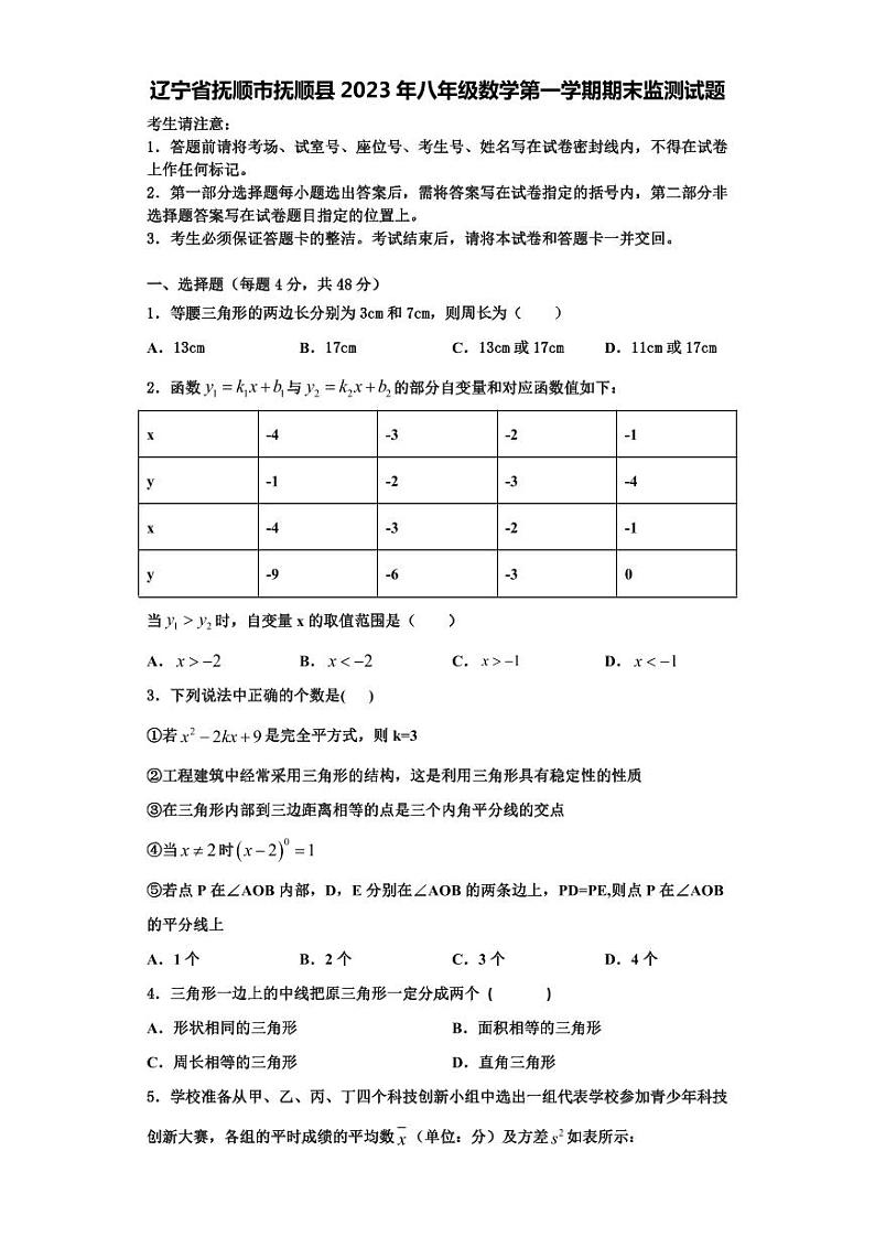 辽宁省抚顺市抚顺县2023年八年级数学第一学期期末监测试题【含解析】第1页