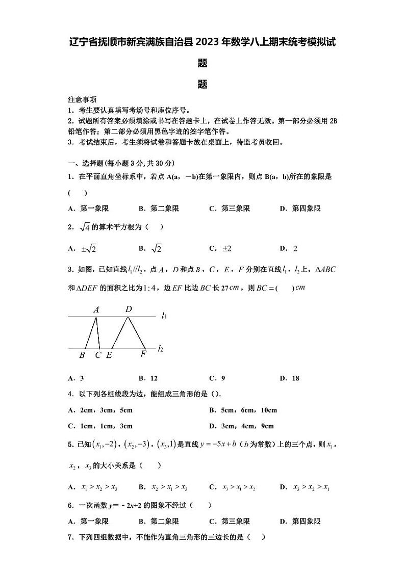 辽宁省抚顺市新宾满族自治县2023年数学八上期末统考模拟试题【含解析】01