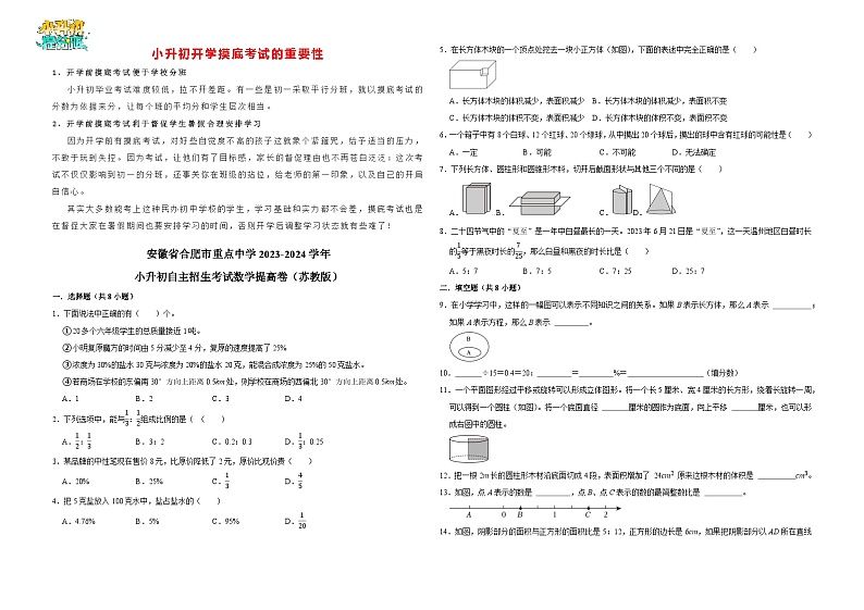 【开学考】安徽省合肥市重点中学2024-2025学年小升初自主招生考试数学提高卷（苏教版）第1页